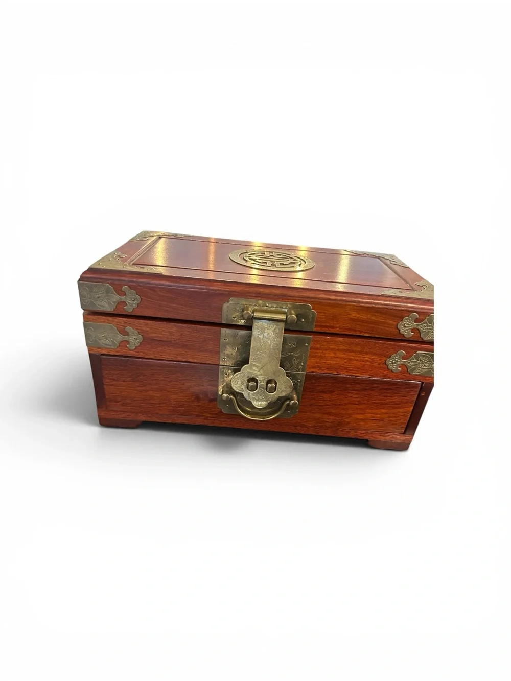 Vintage Chinese Rosewood Decorative Wooden Jewelry Box  Brass Hardware  Hongmu
